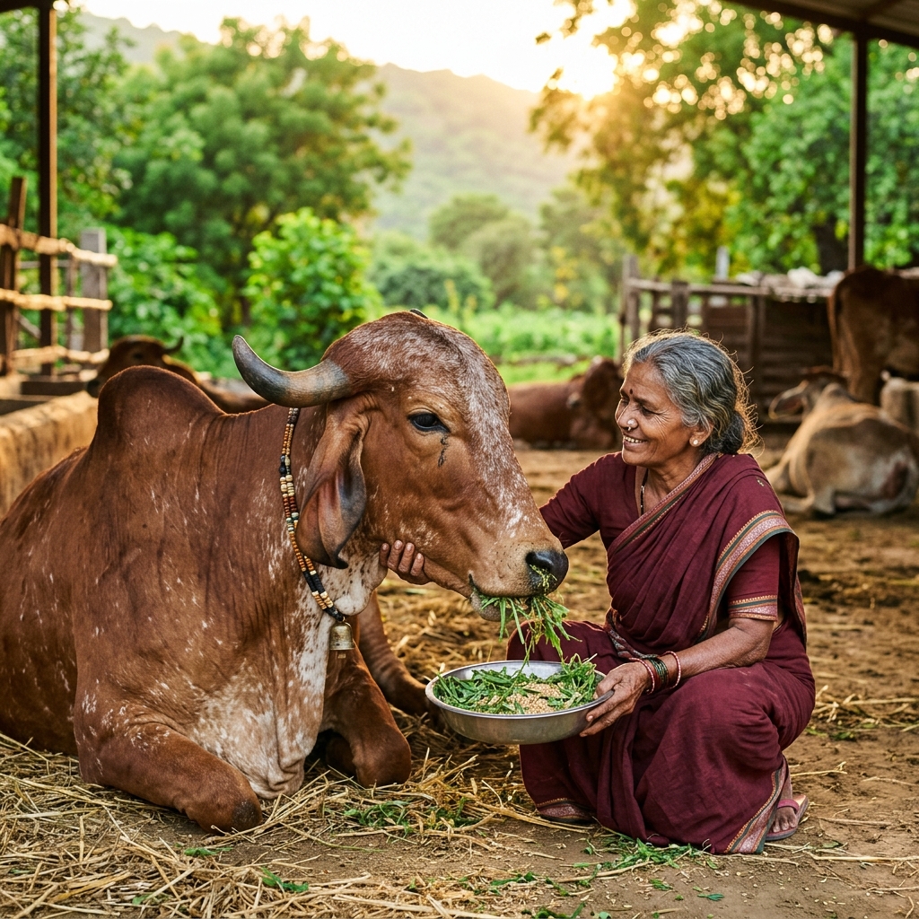 Volunteer lovingly feeding a cow at our gaushala