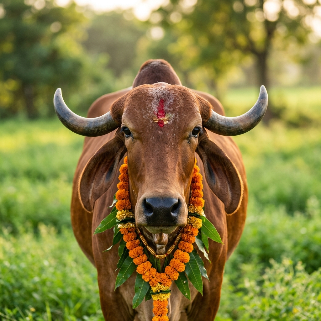 Beautiful decorated Indian Gir cow with marigold garland
