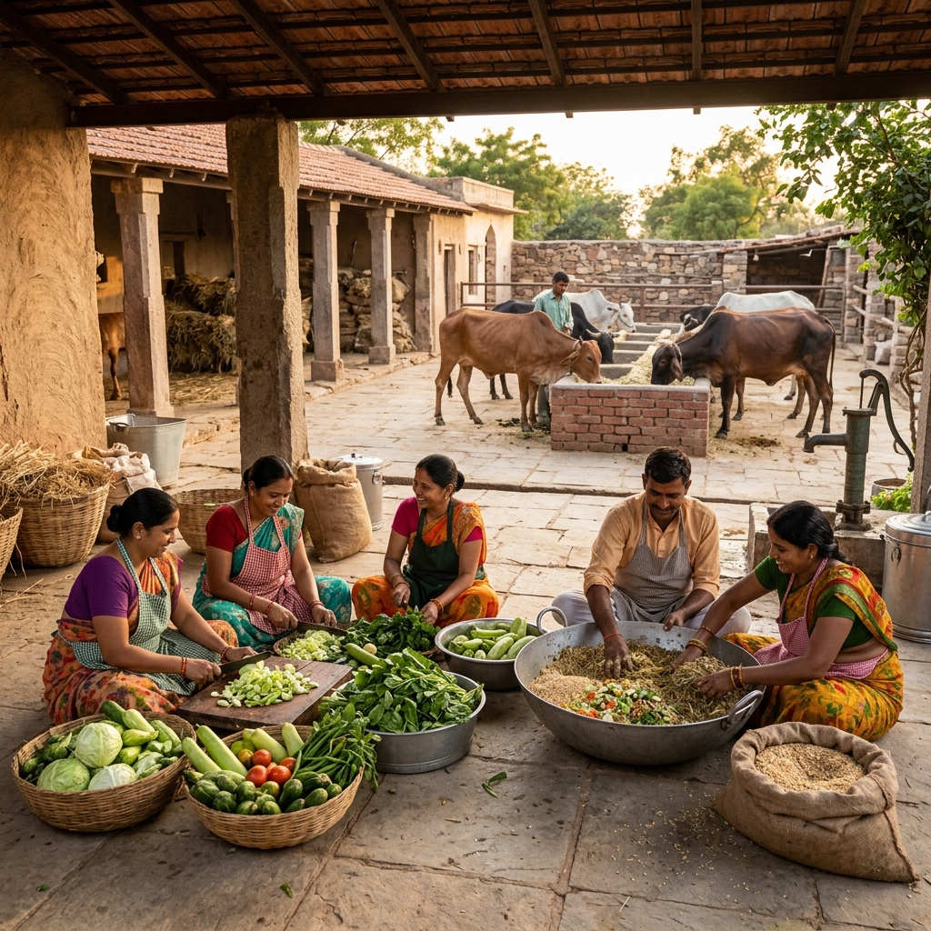 Volunteers preparing nutritious food for cows at the shelter
