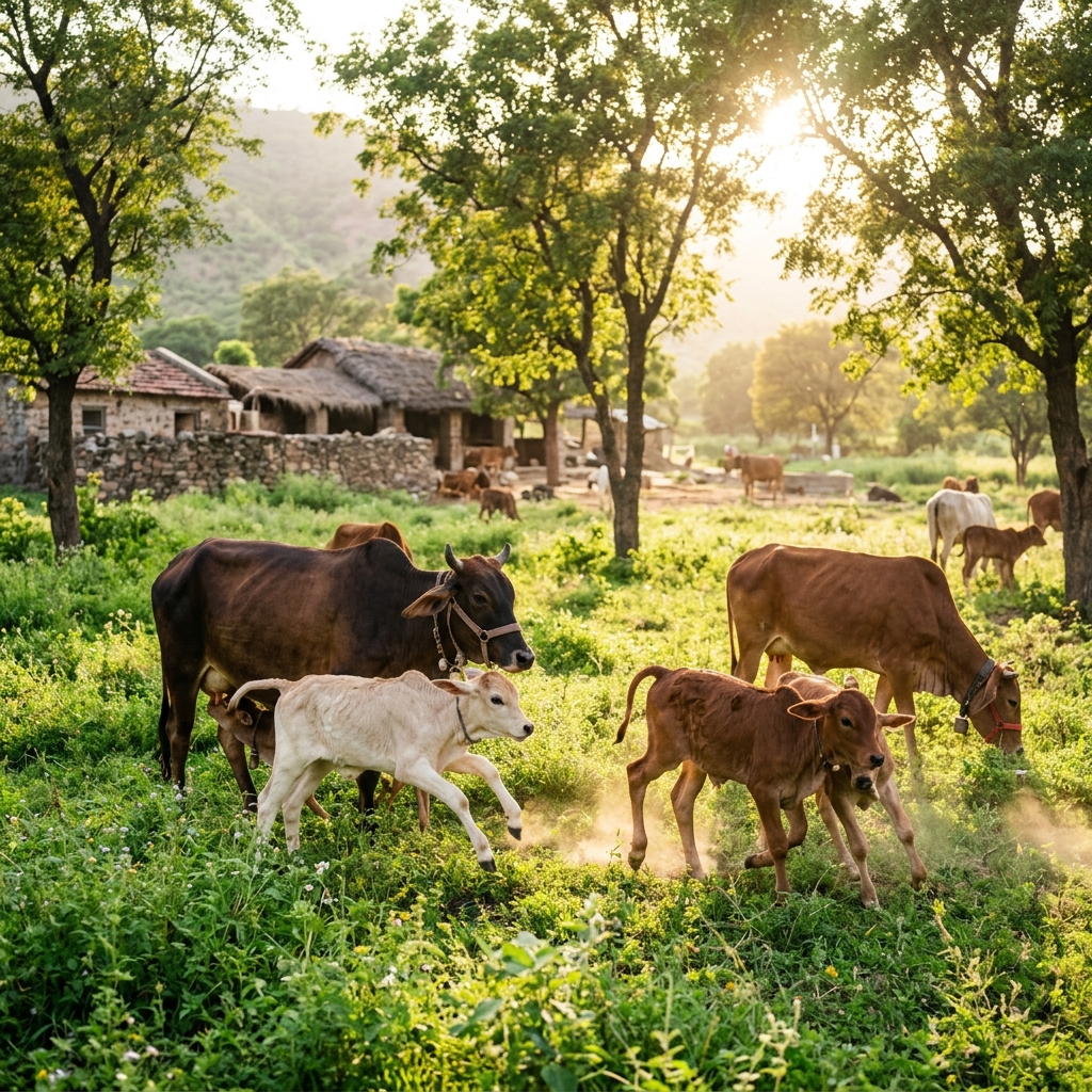 Happy calves playing in a green meadow at the cow shelter