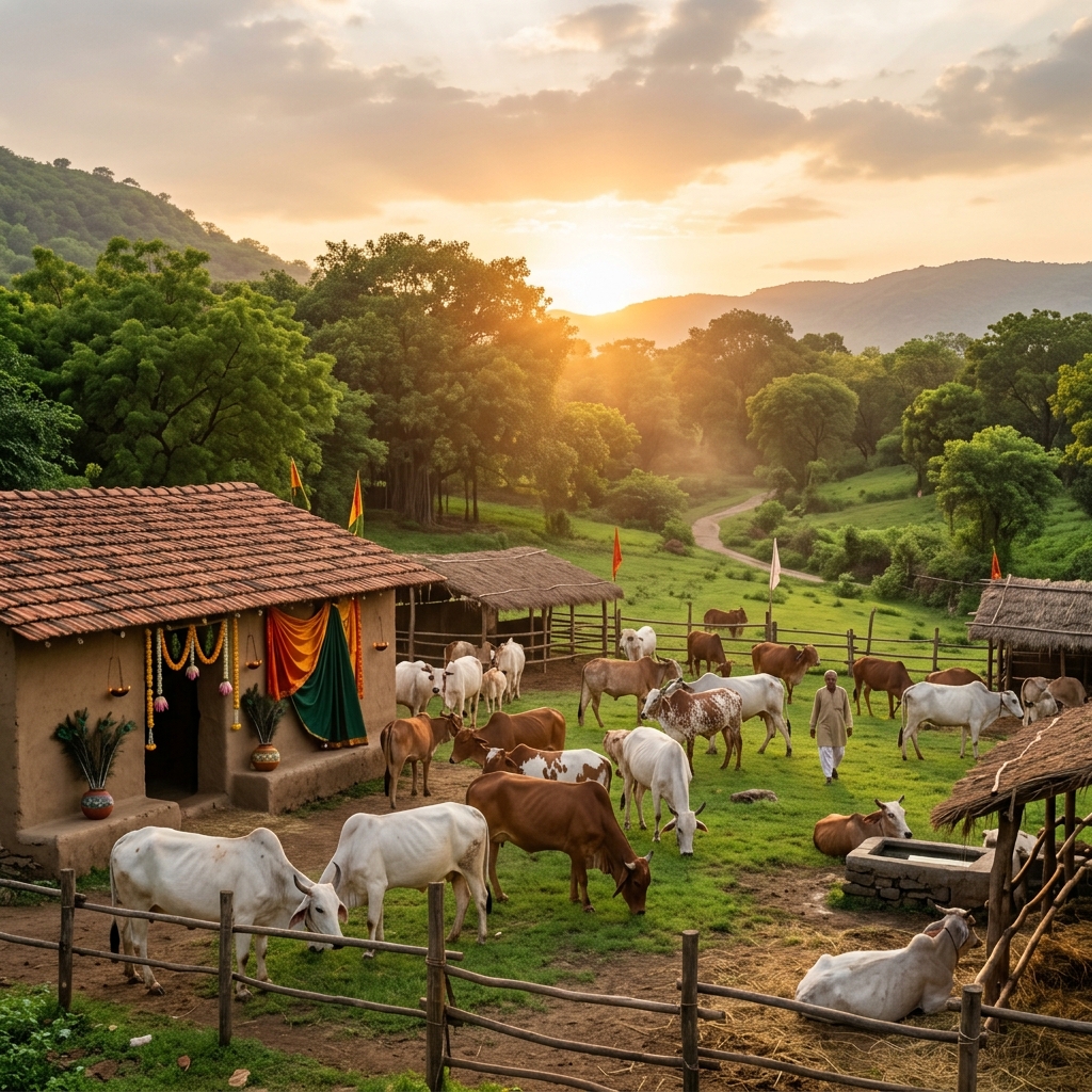Panoramic view of our gaushala at golden sunset with cows grazing peacefully